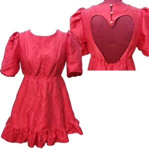 Sister Jane Poppy Mini Dress Red Jacquard Puff Sleeves Heart Back Cutout Small
